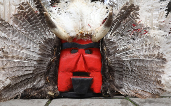 Kyustendil, Bulgaria - February 7, 2026: Third Masquerade Festival "Djamala" in Kyustendil, Bulgaria. People with masks, called Kukeri, dance and play to scare away evil spirits.