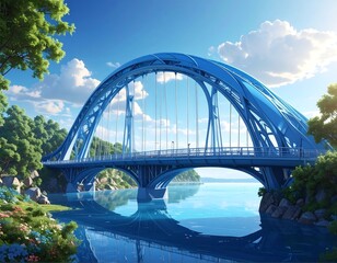 Obraz premium A picturesque, whimsical blue arch bridge spans calm water, with lush greenery and a sunny sky