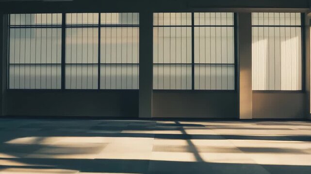 Vast empty office interior with industrial windows, warm morning sunlight casting long dramatic shadows across checkered carpet, evoking transition, potential and new beginnings