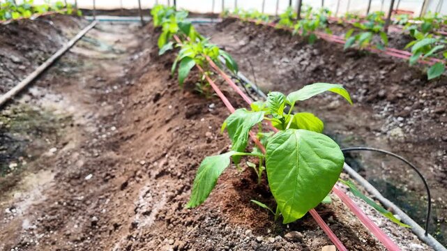 Green Pepper Plants Growing in Greenhouse during Sunny Day