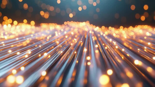 Fiber optic cables carrying digital information as glowing light pulses, creating a futuristic visual of high speed communication and network technology