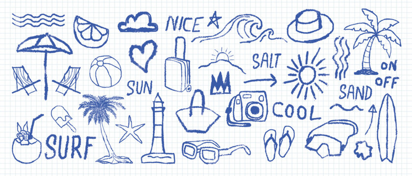 Blue crayon hand drawn beach and surf doodles set. illustration of palm tree, bag, camera, waves, surfboards, short phrases, sun. Best for summer t-shirts, posters, and card designs,
