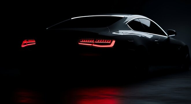 Rear view of a sleek car with glowing red taillights