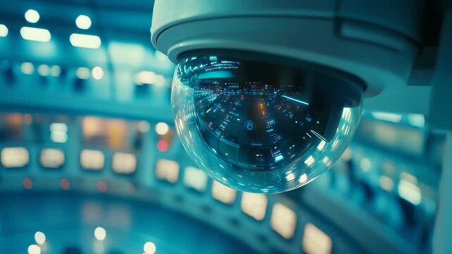 Dome security camera closely watching a high tech control room, offering advanced surveillance and monitoring for public safety and data protection in a futuristic facility