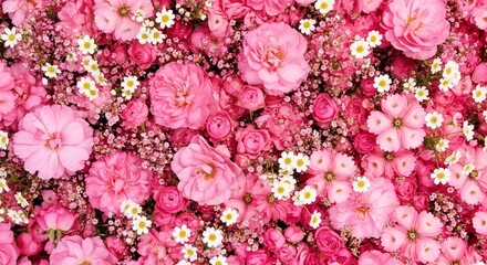 Fototapeta premium A vibrant floral arrangement of pink roses and white daisies in full bloom