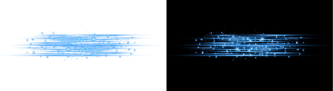 PNG image of&nbsp;Abstract collection of two bright cyan blue horizontal light trails with sparkling particles suggesting speed on transparent background