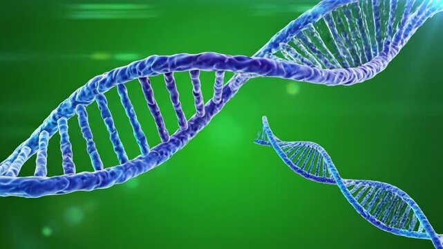 DNA strands in Green Background: Capturing a vivid and intricate depiction of a double helix DNA structure, the image presents a detailed visualization against a gradient green backdrop.