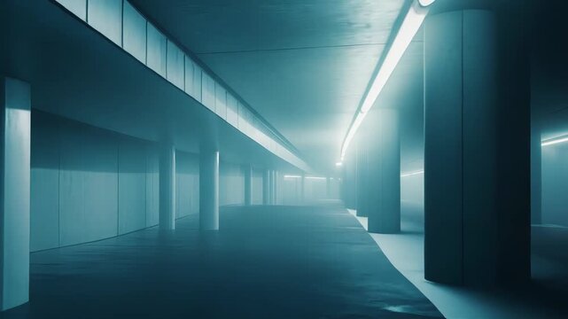 Urban underground infrastructure featuring a long, illuminated hallway with concrete pillars, creating a mysterious and atmospheric liminal space with glowing light