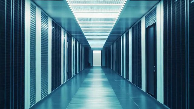 Long corridor in a modern data center with rows of server racks storing information, representing concepts of technology, cloud computing, and digital connectivity