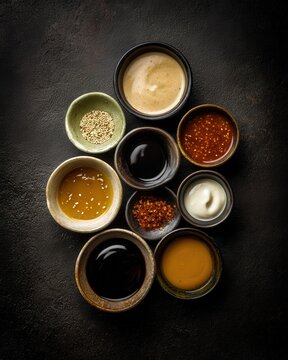 Asian inspired sauces and ingredients selection for cooking and dipping, arranged on a dark kitchen table