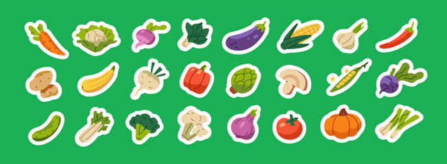 Obraz na płótnie Canvas Sticker pack of different vegetables. Set of various veggies and agricultural crops- tomato, potato, broccoli, corn, pumpkin, pea. Organic and natural farm food. Flat isolated vector illustrations