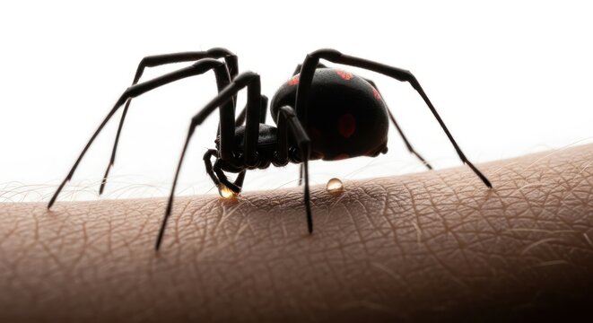 Close-up of a black widow spider biting a human arm, showcasing the venom and its effects on the