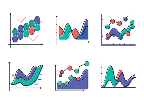 Collection of stylized graph representations showing data trends and relationships