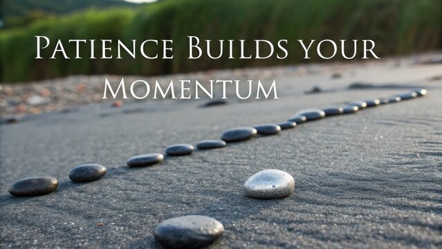 Line of smooth dark stones creating a path on a sandy beach surface, symbolizing momentum and journey