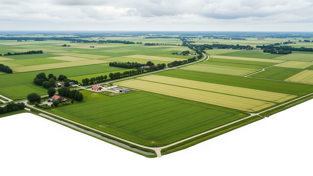Aerial view of lush green farmland with roads and buildings