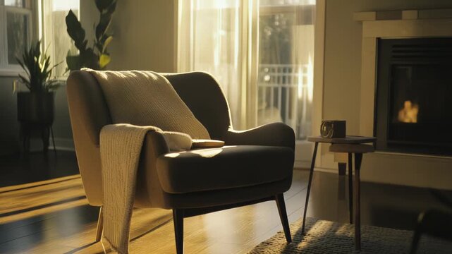 Comfortable living room with a reading armchair and soft blanket, illuminated by warm morning sunlight streaming through the window, creating an inviting and peaceful atmosphere