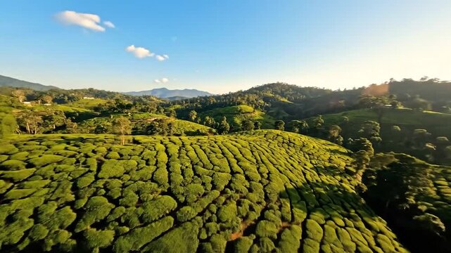 Aerial view of lush green tea plantation fields under a bright blue sky
