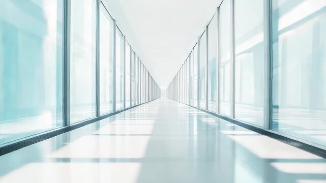 Modern building's empty corridor featuring symmetrical glass walls, clean architecture, and shiny floor surfaces reflecting bright sunlight, creating an illusion of infinite depth and progression