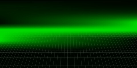 Glowing cyber grid digital banner. Green black gradient wireframe net background. Futuristic perspective of cyberspace and metaverse. © Hendra