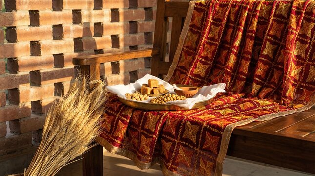 Handwoven phulkari fabric drapes wooden bench with brass thali holding jaggery and roasted chickpeas on cotton cloth.