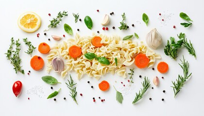 pasta carrots herbs lemon garlic spices tomato pepper salt food cooking recipe healthy meal dinner lunch italian cuisine vegetables fusilli basil rosemary thyme parsley olive oil