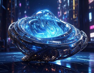 Glowing blue plasma in a chrome intricate circular platform sits atop a reflective surface, cityscape backdrop