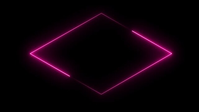 Bright pink neon light diamond frame animation. Futuristic border. Dynamic glow effect. Loop background. 4k motion graphic animation.