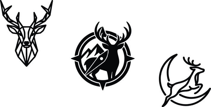 Black deer head and body illustrations with different designs and styles  geometric abstract minimalist silhouettes for logo or icon