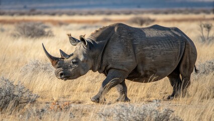 Obraz premium Majestic Black Rhinoceros Walking Through African Savanna Grasslands