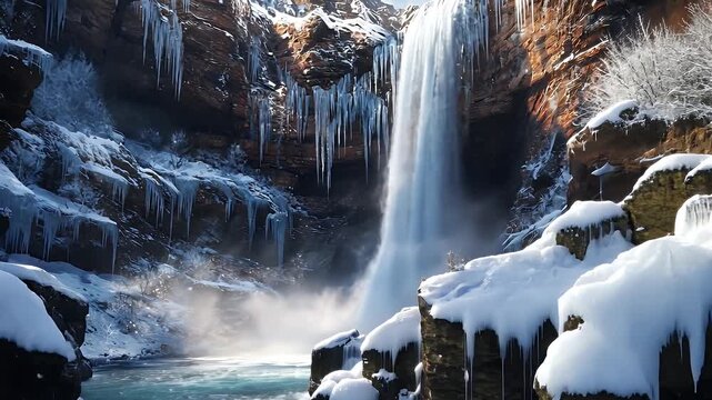Frozen Waterfall Scene in Winter Landscape with Snow and Icicles from a Close-Up Viewpoint