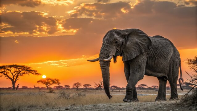 Majestic bull elephant walking across the savanna at sunset with warm golden sky and silhouetted trees