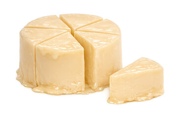 Wheel of soft creamy cheese cut into wedges with one slice portioned, ready for appetizers and gourmet meals