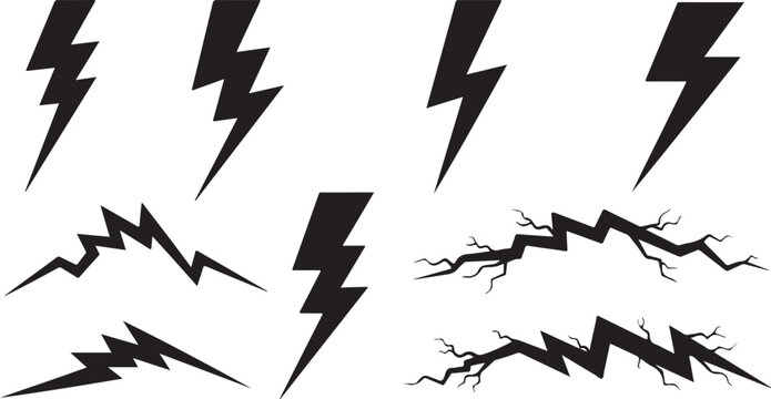 Collection of black lightning bolt icons on white background