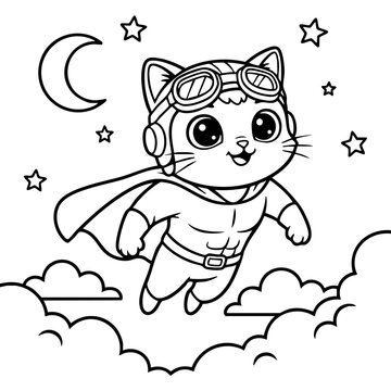 Preschool Animal Coloring Sheet - Supercat Flying in Night Sky Illustration