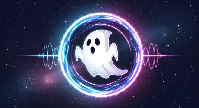 Illustration of a ghost floating inside a glowing neon circular portal in deep space. Concept of interdimensional travel, energy, and digital spirits.