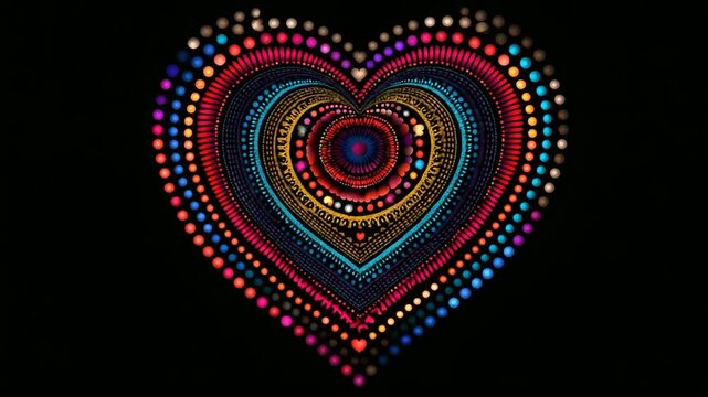 Vibrant multicolored heart design with concentric patterns symbolizing love and unity, chromatic affection visualization, with copy space