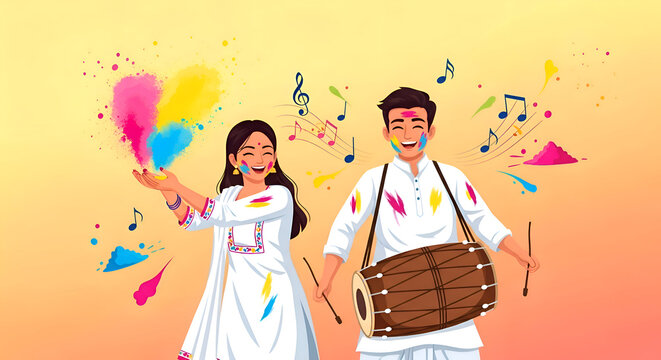 Vibrant Indian Couple Celebrating Holi Festival with Colorful Powder and Music