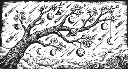 Surreal Cosmic Tree Illustration - Woodcut Style Branch with Hanging Planets, Moons, and Blossoms © Mr. Akash