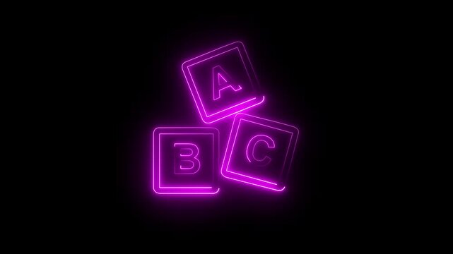 Glowing purple neon alphabet blocks A B C animation icon. Kids learning education concept. Nursery school motion graphic. 4K Video background.