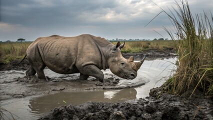 Fototapeta premium Majestic rhinoceros stands in muddy water during a cloudy day in its natural African habitat