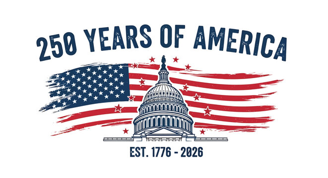 American patriotic t-shirt design with 250 years of America text and Capitol building on USA flag background.
