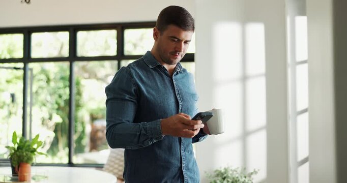 Man, freelancer and phone with coffee at house for real estate, property research and listing. Realtor, typing and beverage with mobile, email client and viewing information for resale negotiation