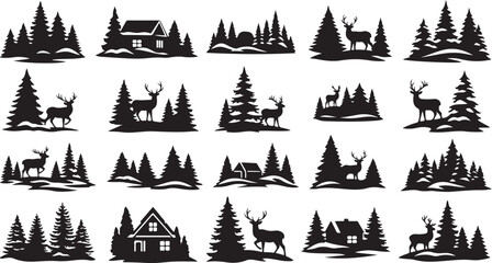 Obraz premium Black silhouettes of deer and trees with house icons