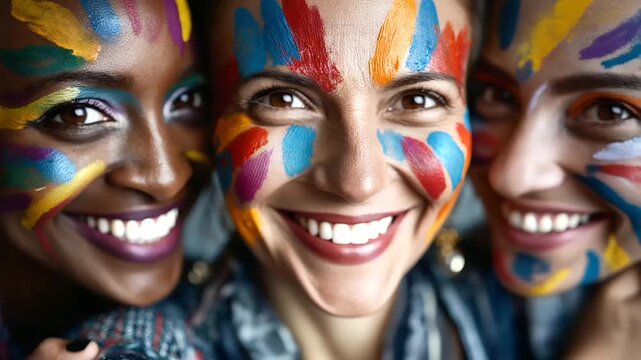 Faceless diversity and unity in vibrant face paint celebration, multicultural artistic expression, colorful identity scene, with copy space