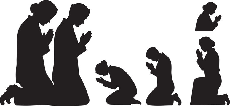 Silhouette of people praying in different positions together