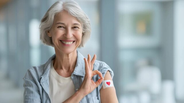 Senior woman smiling and ok gesture while showing her arm with a adhesive bandage with a small red heart-shaped sticker on the inside after receiving vaccination