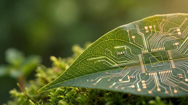 Green Technology Concept: Circuit board pattern on a fresh leaf, symbolizing sustainable innovation, eco-friendly tech, bio-engineering, and future environmental solutions.