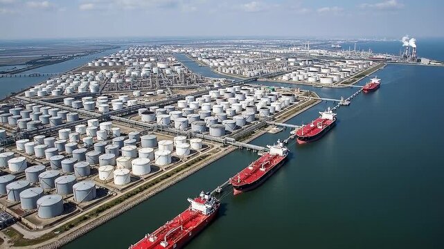Aerial view of large industrial oil storage tanks and cargo ships docked at a busy harbor with numerous pipelines