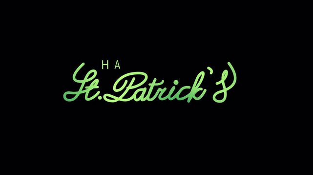 Animated Green Gradient Happy Saint Patrick's day with green hat and shamrocks leaf on transparent background, alpha channel