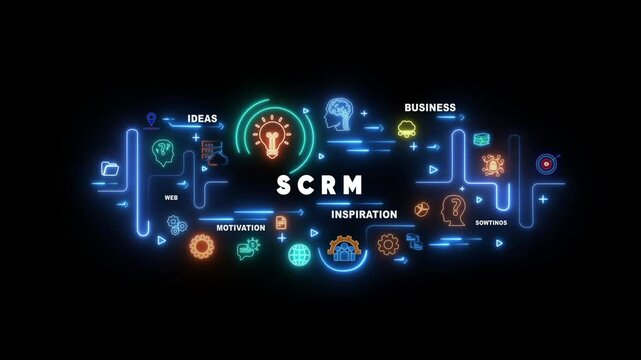 SCRM business concept diagram with glowing neon icons and text on black background SCRM supply chain relationship management